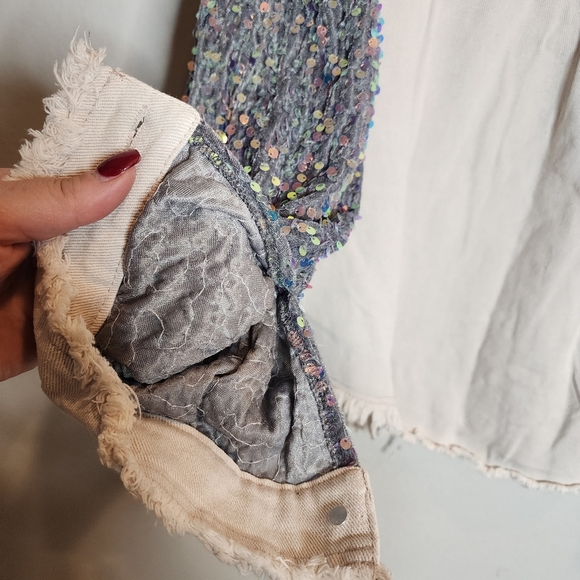 NWT HIMYTHE Beige Oversized Twill Denim Sequin Shacket Sparkle Large - Picture 7 of 17